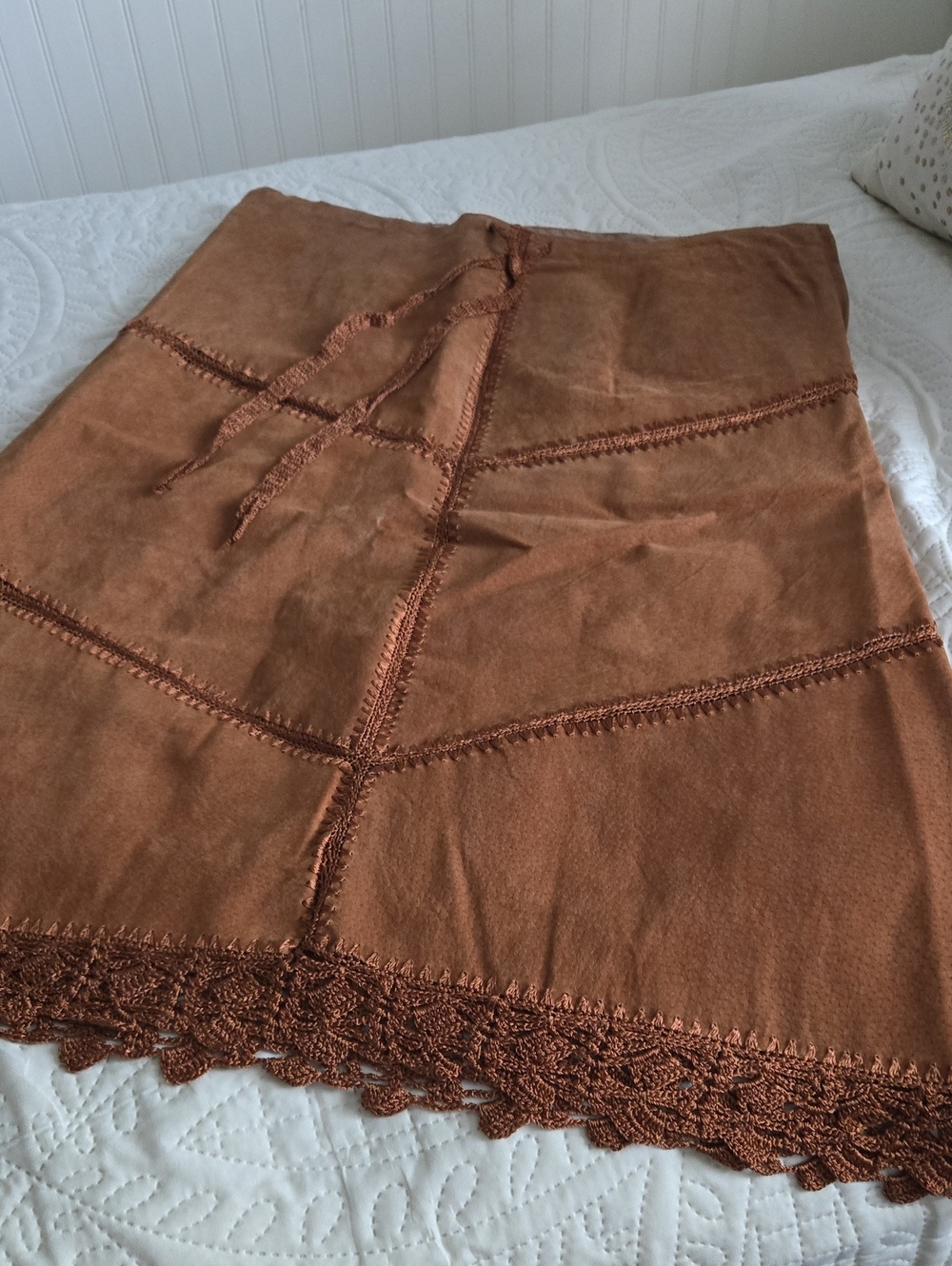 Brown Crochet-Trim Midi Skirt